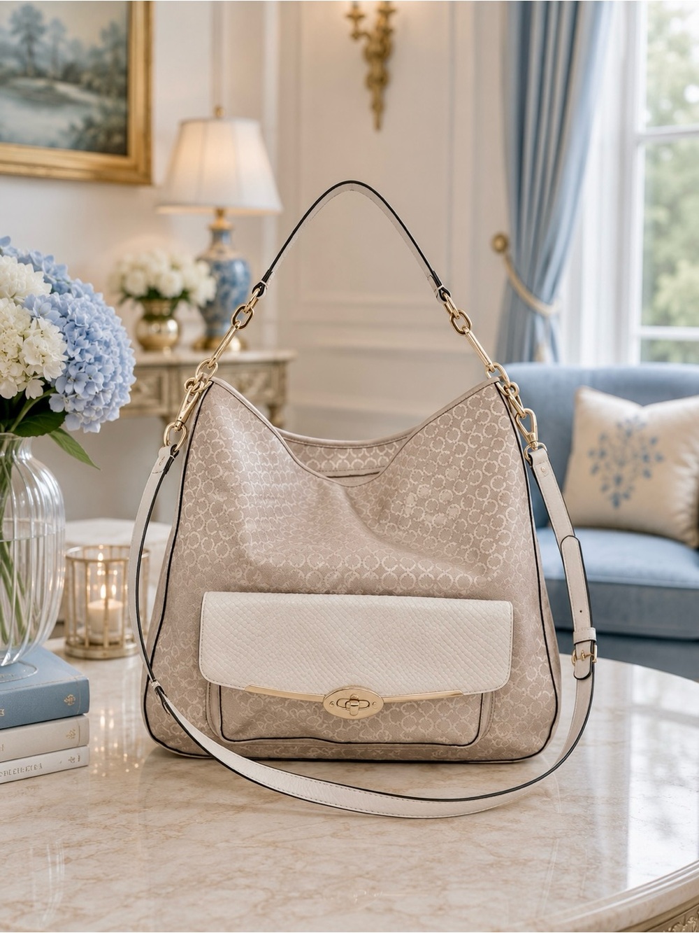 COACH Madison Champagne Op Art Hobo | Ivory Snakeskin Turnlock Accents